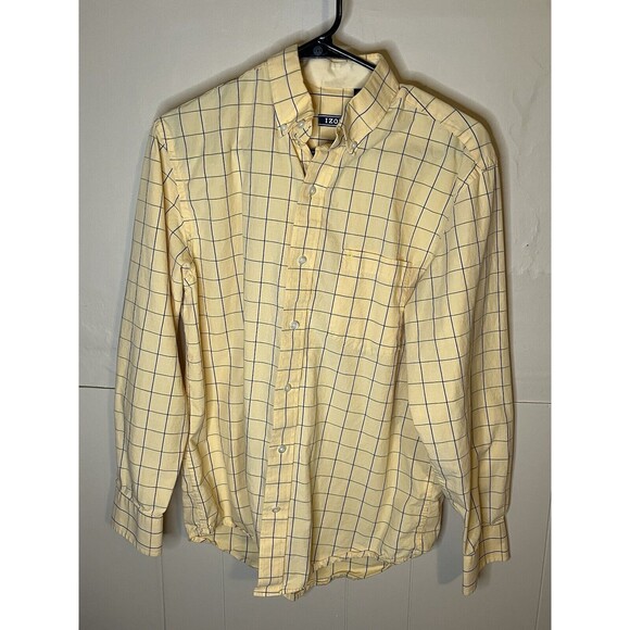 IZOD Button Down Shirt Mens Medium Yellow Plaid Check Long Sleeve Pocket Collar - Picture 1 of 6